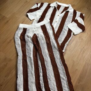 Two Piece Crochet Cover Up Acrylic Brown And White Boho Outfit Flare Leg